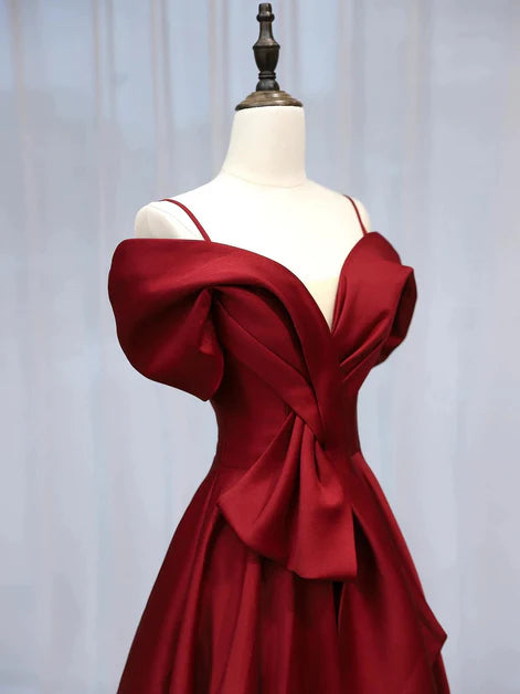 Regal A-Line Off-Shoulder Satin Bow-Accent Back-Zip Floor-Length Evening Dresses