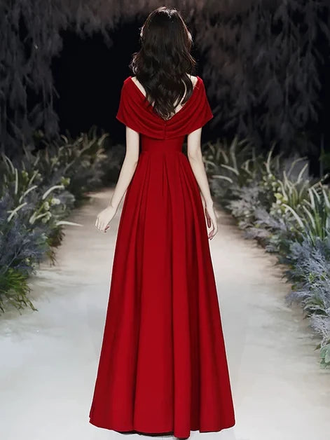 Regal A-Line Off-Shoulder Satin Cross-Wrap Back-Zip Train Length Evening Dresses