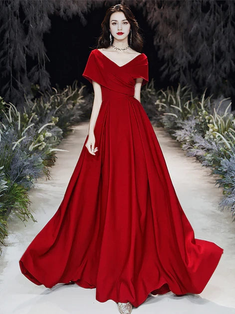 Regal A-Line Off-Shoulder Satin Cross-Wrap Back-Zip Train Length Evening Dresses