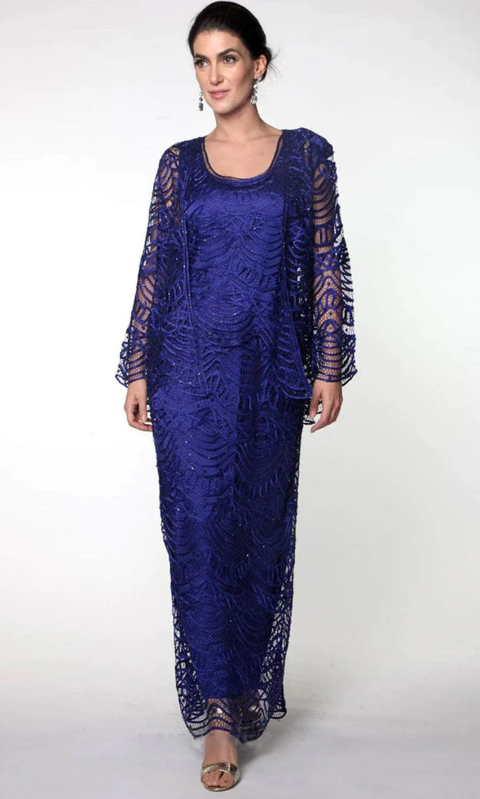 Regal A-Line Square-Neck Long-Sleeve Two-Piece Royal Blue Beaded-Lace Floor-Length Mother of the Bride Dresses