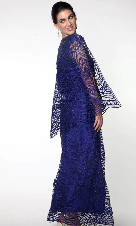 Regal A-Line Square-Neck Long-Sleeve Two-Piece Royal Blue Beaded-Lace Floor-Length Mother of the Bride Dresses