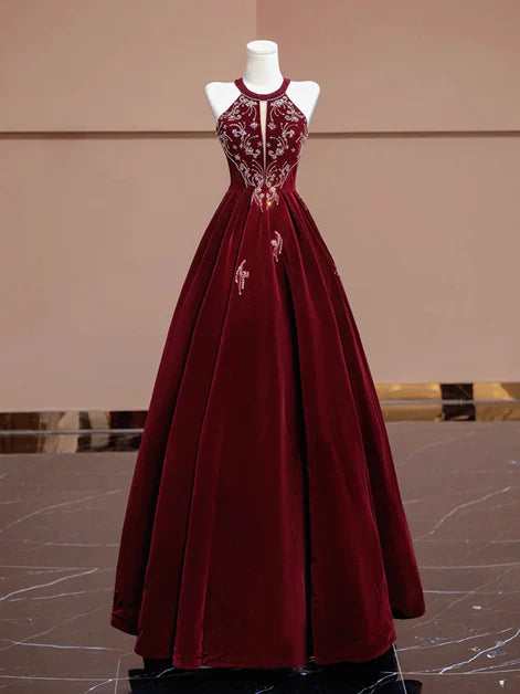 Regal Ballgown Halter-Neck Velvet Embroidery Lace-Up Back Floor-Length Evening Dresses