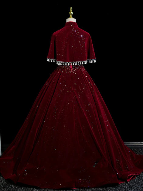 Regal Ballgown High-Neck Velvet Sequin-Cape Tassel-Accent Train Length Evening Dresses