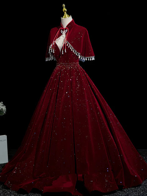 Regal Ballgown High-Neck Velvet Sequin-Cape Tassel-Accent Train Length Evening Dresses