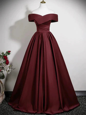 Regal Ballgown Off-Shoulder Satin Cross-Wrap Lace-Up Back Floor-Length Evening Dresses
