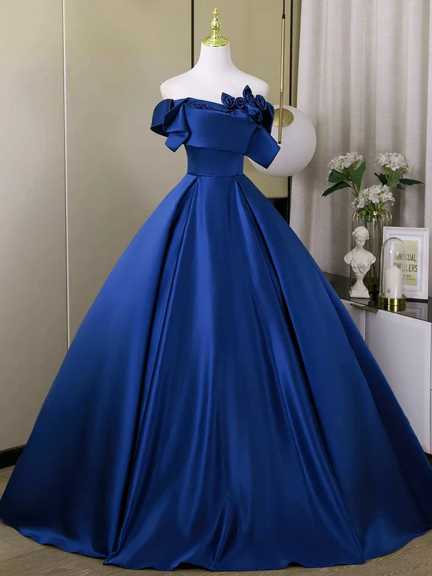 Regal Ballgown Off-Shoulder Satin Flower-Accent Lace-Up Back Floor-Length Evening Dresses