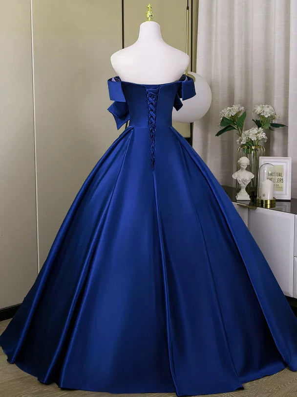 Regal Ballgown Off-Shoulder Satin Flower-Accent Lace-Up Back Floor-Length Evening Dresses