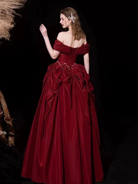 Regal Ballgown Off-Shoulder Satin Ruched Beaded-Lace-Up Back Floor-Length Evening Dresses