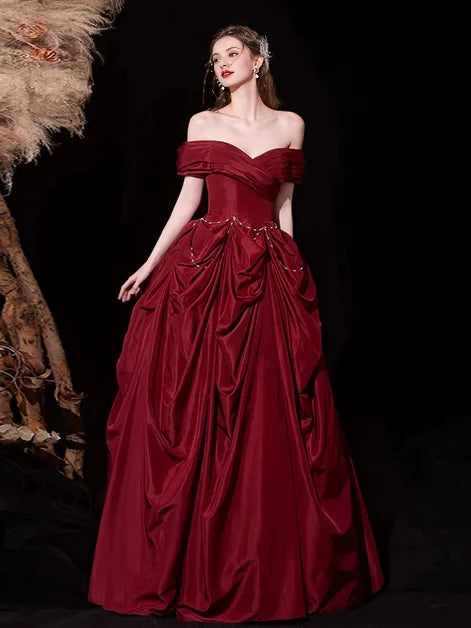 Regal Ballgown Off-Shoulder Satin Ruched Beaded-Lace-Up Back Floor-Length Evening Dresses