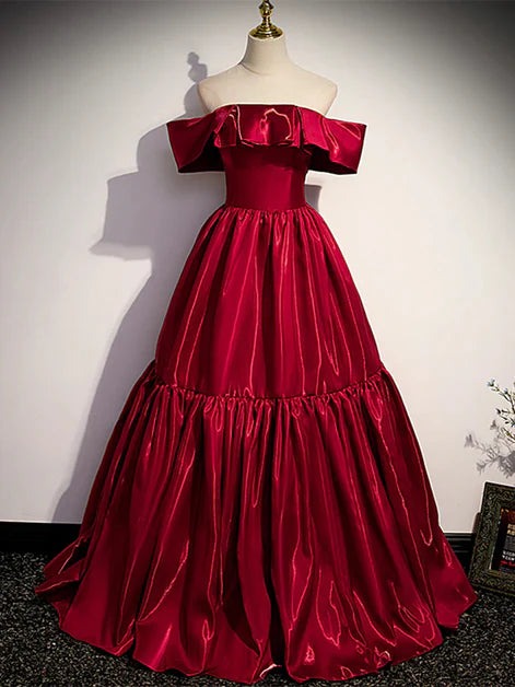 Regal Ballgown Off-Shoulder Satin Ruffled-Sleeve Lace-Up Back Floor-Length Evening Dresses
