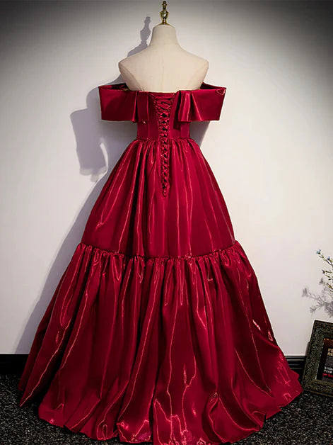 Regal Ballgown Off-Shoulder Satin Ruffled-Sleeve Lace-Up Back Floor-Length Evening Dresses