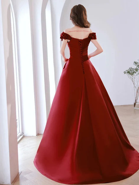 Regal Ballgown Off-Shoulder Satin Ruffled-Sleeve Lace-Up Back Train Length Evening Dresses