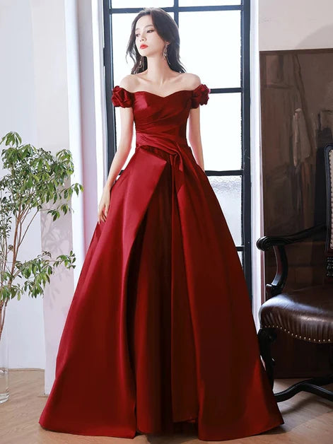 Regal Ballgown Off-Shoulder Satin Ruffled-Sleeve Lace-Up Back Train Length Evening Dresses