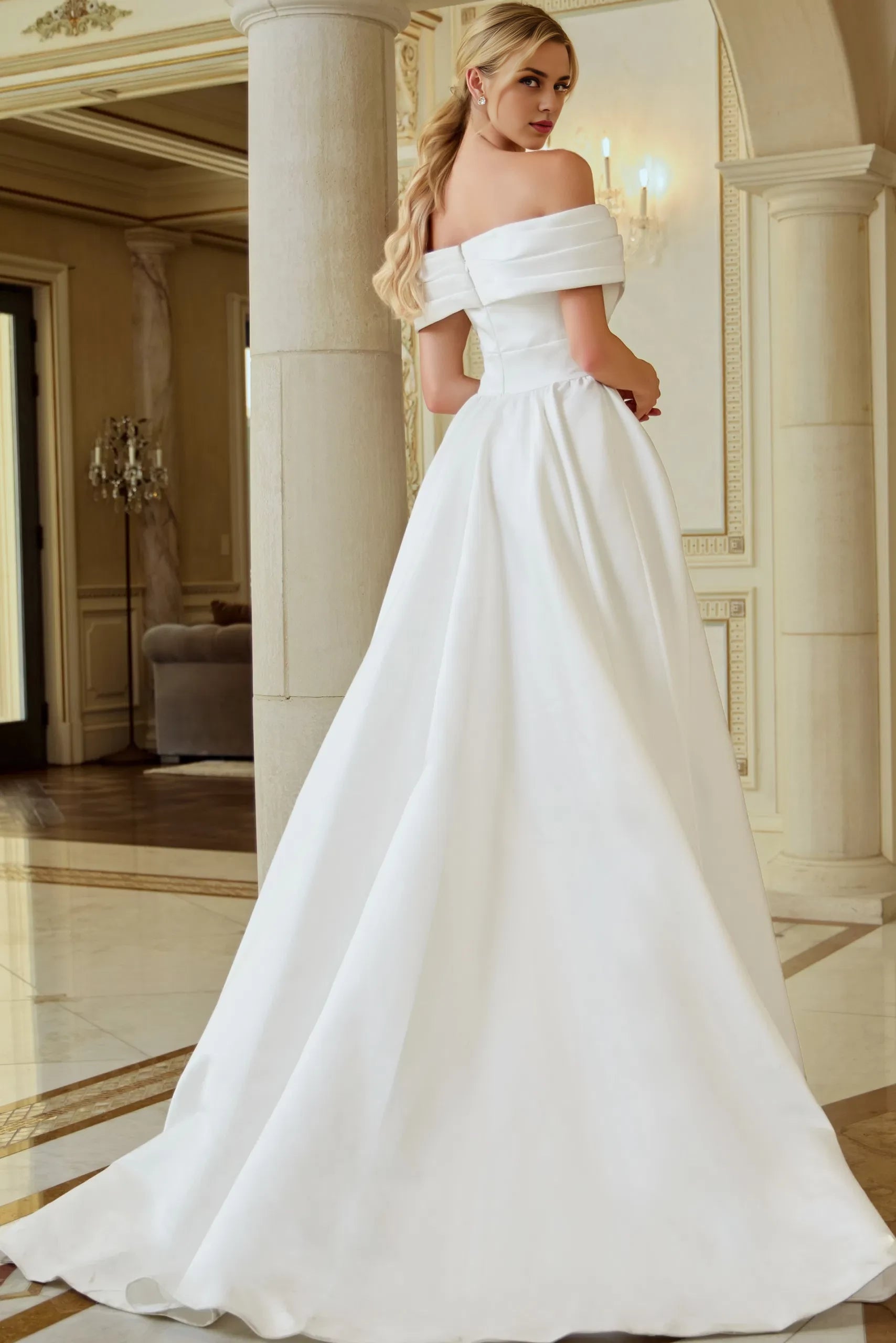 Regal Ballgown Off-Shoulder Wide-Sleeve Pearl-Button Back Train Length Wedding Dresses