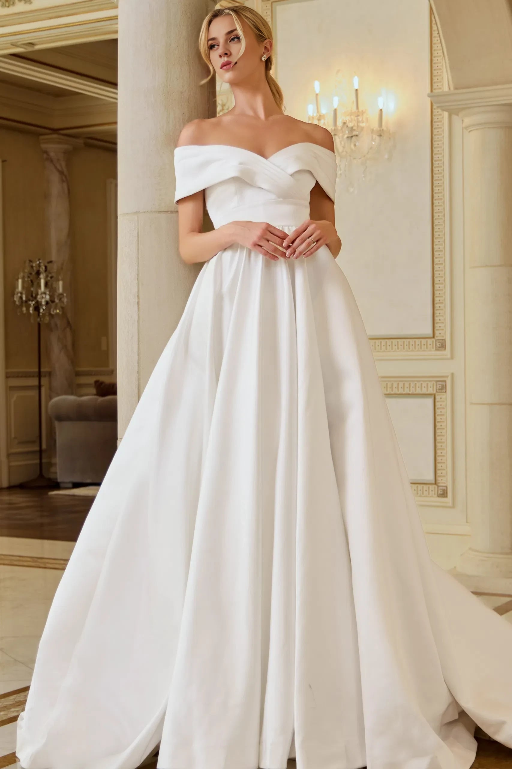 Regal Ballgown Off-Shoulder Wide-Sleeve Pearl-Button Back Train Length Wedding Dresses