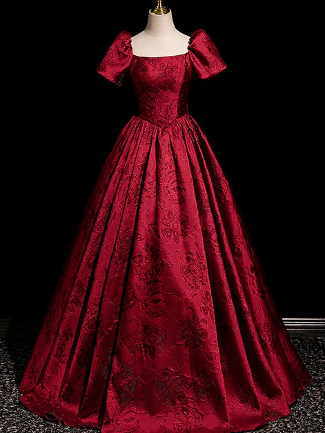 Regal Ballgown Square-Neck Brocade Puff-Sleeve Bow-Back Floor-Length Evening Dresses