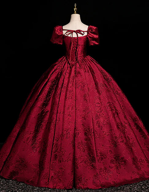 Regal Ballgown Square-Neck Brocade Puff-Sleeve Bow-Back Floor-Length Evening Dresses