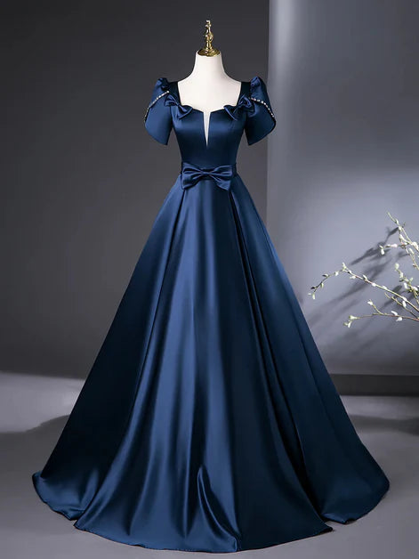 Regal Ballgown Square-Neck Satin Pearl-Trim Puff-Sleeve Lace-Up Back Floor-Length Evening Dresses