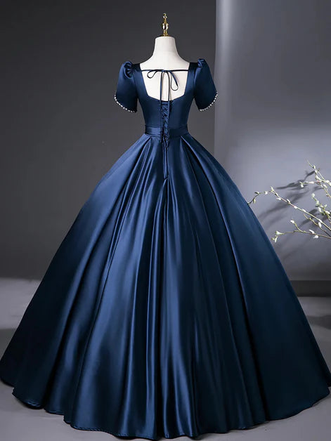 Regal Ballgown Square-Neck Satin Pearl-Trim Puff-Sleeve Lace-Up Back Floor-Length Evening Dresses