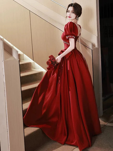 Regal Ballgown Square-Neck Satin Puff-Sleeve Crystal-Accent Bow-Tie Back Floor-Length Evening Dresses