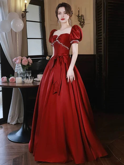 Regal Ballgown Square-Neck Satin Puff-Sleeve Crystal-Accent Bow-Tie Back Floor-Length Evening Dresses