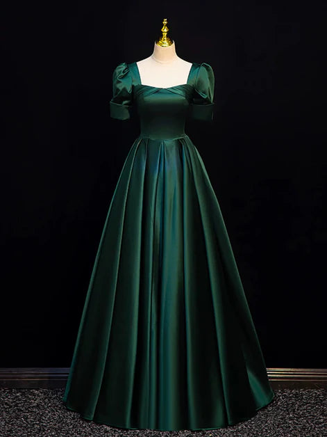 Regal Ballgown Square-Neck Satin Puff-Sleeve Lace-Up Back Floor-Length Evening Dresses