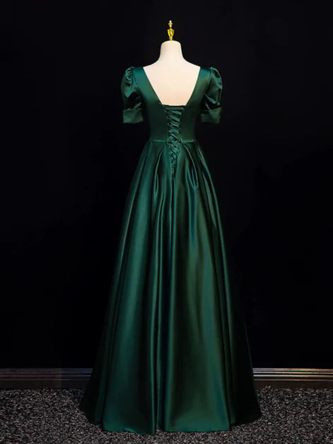 Regal Ballgown Square-Neck Satin Puff-Sleeve Lace-Up Back Floor-Length Evening Dresses