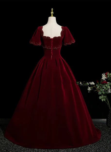 Regal Ballgown Square-Neck Short-Sleeve Velvet Pearl-Accent Lace-Up Back Train Length Evening Dresses