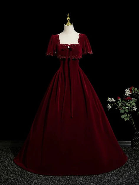 Regal Ballgown Square-Neck Short-Sleeve Velvet Pearl-Accent Lace-Up Back Train Length Evening Dresses