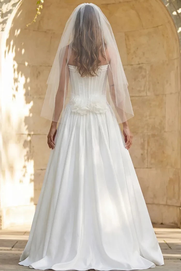 Regal Ballgown Strapless Corset-Bodice Flower-Accent Back Train Length Wedding Dresses
