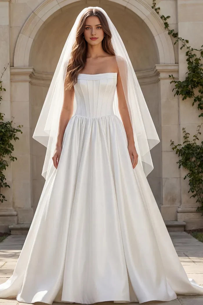 Regal Ballgown Strapless Corset-Bodice Flower-Accent Back Train Length Wedding Dresses