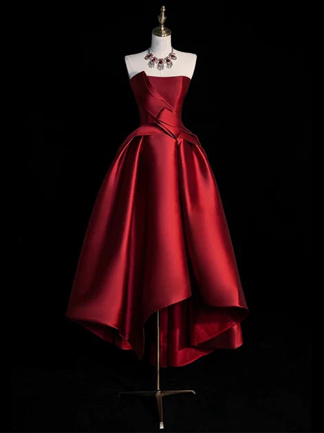 Regal Ballgown Strapless Satin Ruched Lace-Up Back High-Low Evening Dresses