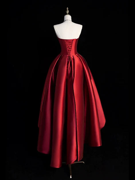 Regal Ballgown Strapless Satin Ruched Lace-Up Back High-Low Evening Dresses