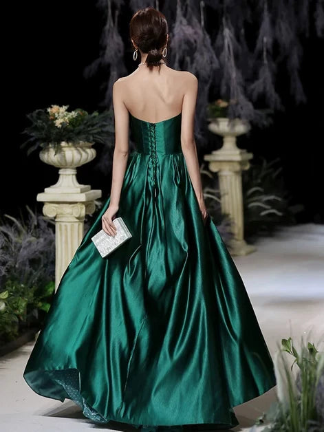 Regal Ballgown Strapless Satin-Tulle Contrast Lace-Up Back Floor-Length Evening Dresses