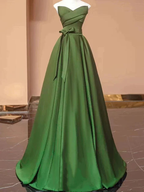 Regal Ballgown Strapless Satin Wrap-Bodice Bow-Accent Back-Zip Floor-Length Evening Dresses