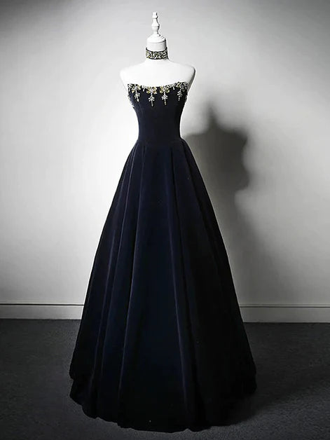 Regal Ballgown Strapless Velvet Gold-Embroidery Lace-Up Back Floor-Length Evening Dresses