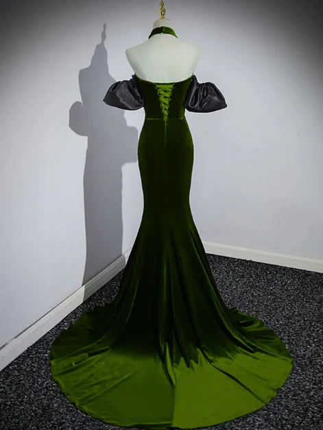 Regal Mermaid Halter-Off-Shoulder Velvet Crystal-Accent Lace-Up Back Train Length Evening Dresses