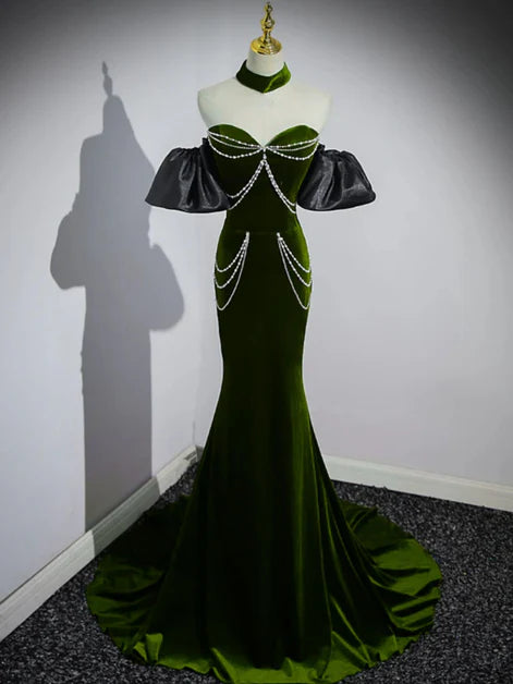 Regal Mermaid Halter-Off-Shoulder Velvet Crystal-Accent Lace-Up Back Train Length Evening Dresses