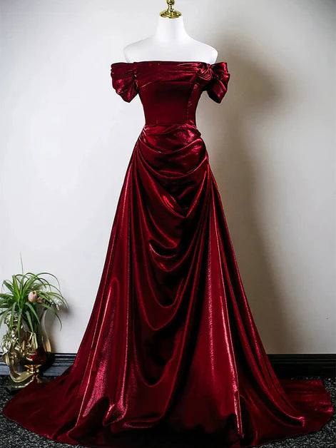 Regal Mermaid Off-Shoulder Velvet Flower-Accent Ruched Train Length Evening Dresses