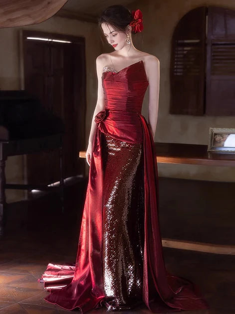 Regal Mermaid One-Shoulder Satin Sequin-Accent Lace-Up Back Train Length Evening Dresses