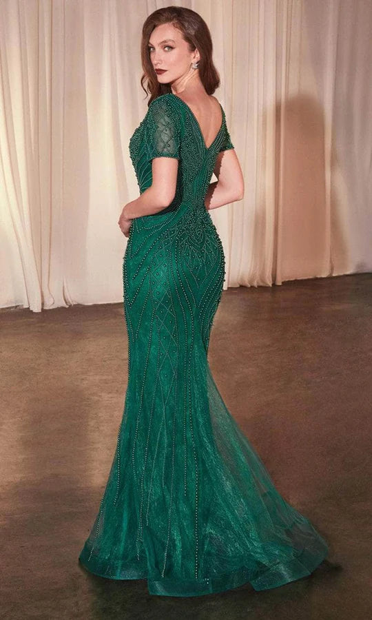 Regal Mermaid V-Neck Cap-Sleeve Open-Back Emerald Beaded-Tulle Floor-Length Mother of the Bride Dresses