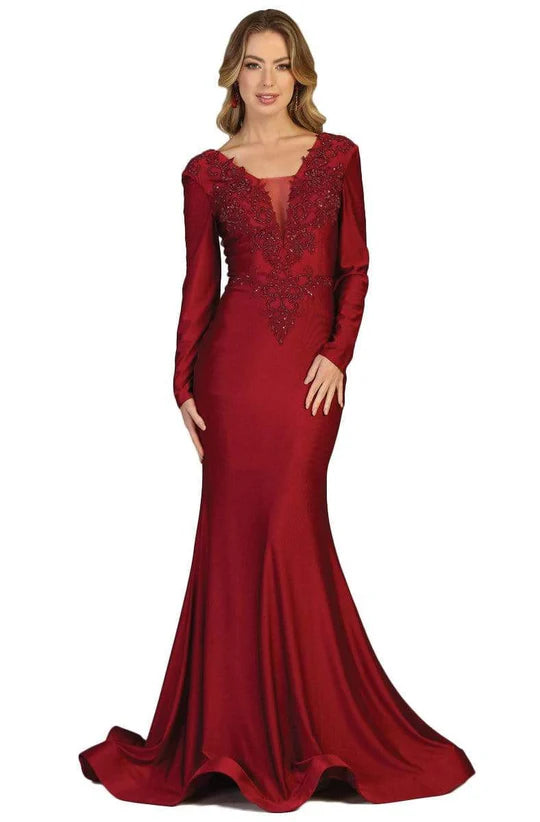 Regal Mermaid V-Neck Long-Sleeve Open-Back Burgundy Satin-Beaded Floor-Length Mother of the Bride Dresses