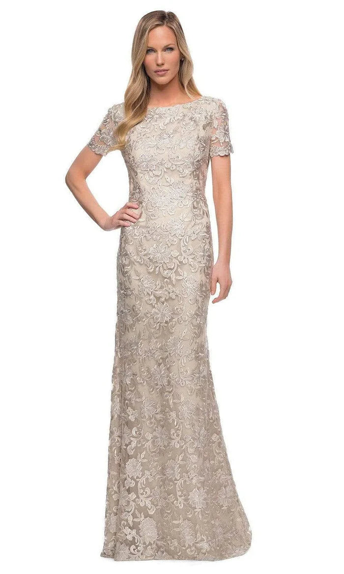 Regal Sheath Boat-Neck Cap-Sleeve Sheer-Back Champagne Beaded-Lace Floor-Length Mother of the Bride Dresses