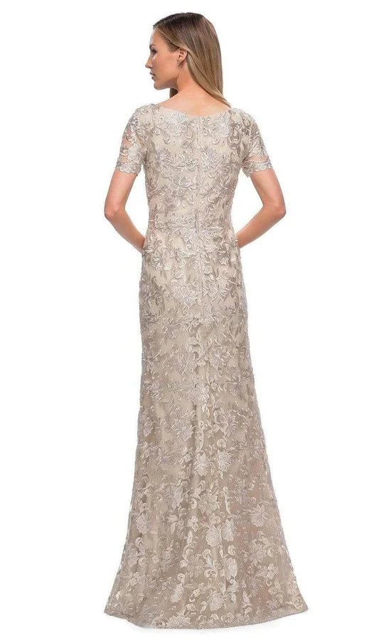 Regal Sheath Boat-Neck Cap-Sleeve Sheer-Back Champagne Beaded-Lace Floor-Length Mother of the Bride Dresses