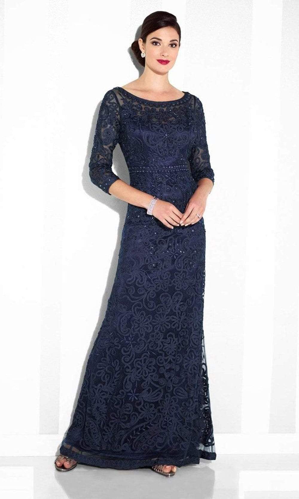Regal Sheath Boat-Neck Three-Quarter-Sleeve Sheer-Back Navy Beaded-Lace Floor-Length Mother of the Bride Dresses