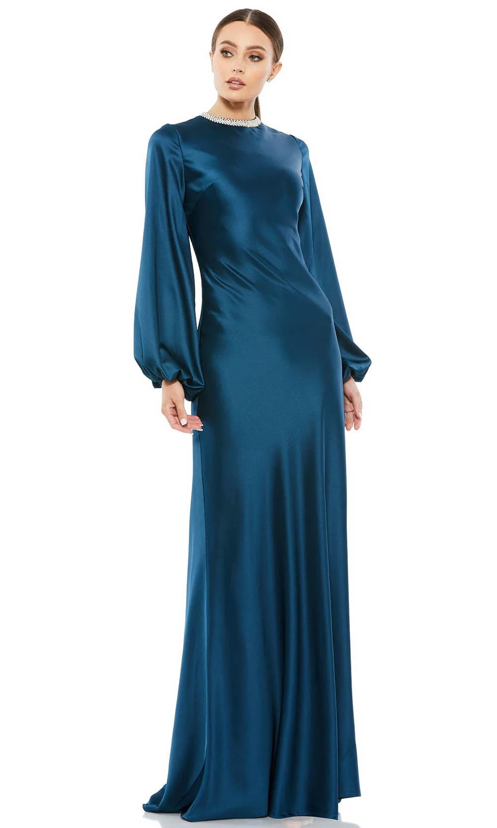 Regal Sheath High-Neck Puff-Sleeve Open-Back Teal Satin Floor-Length Mother of the Bride Dresses