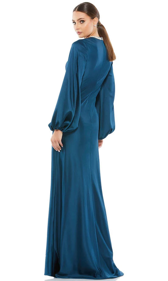 Regal Sheath High-Neck Puff-Sleeve Open-Back Teal Satin Floor-Length Mother of the Bride Dresses
