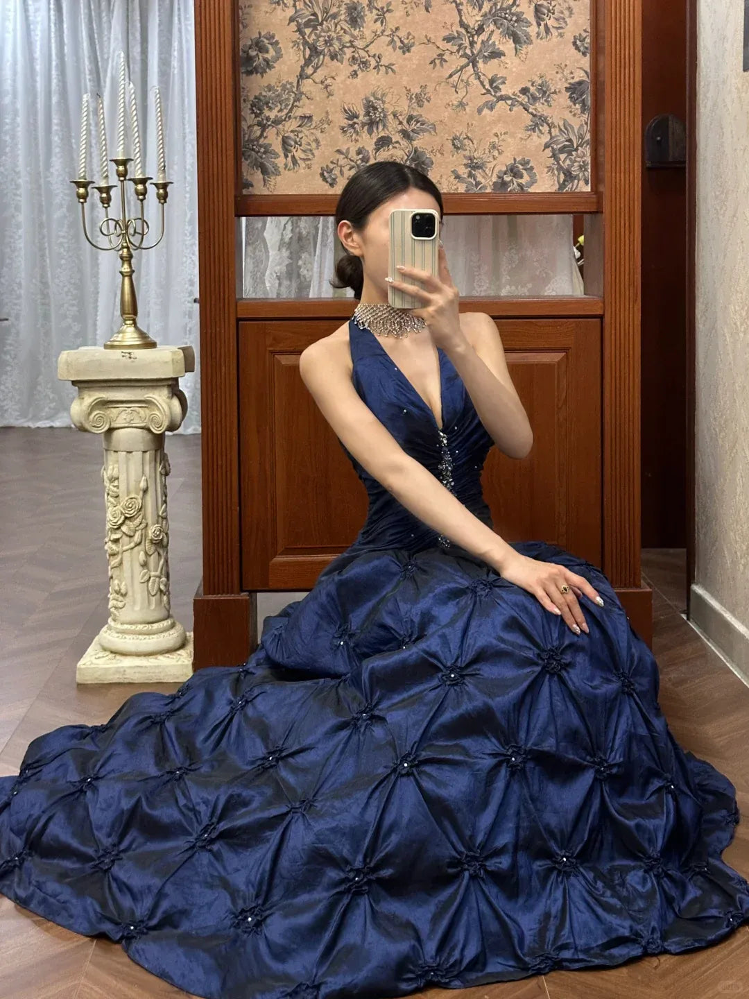 Regal A-Line Halter Beaded-Waist Navy Blue Satin Ball Gowns