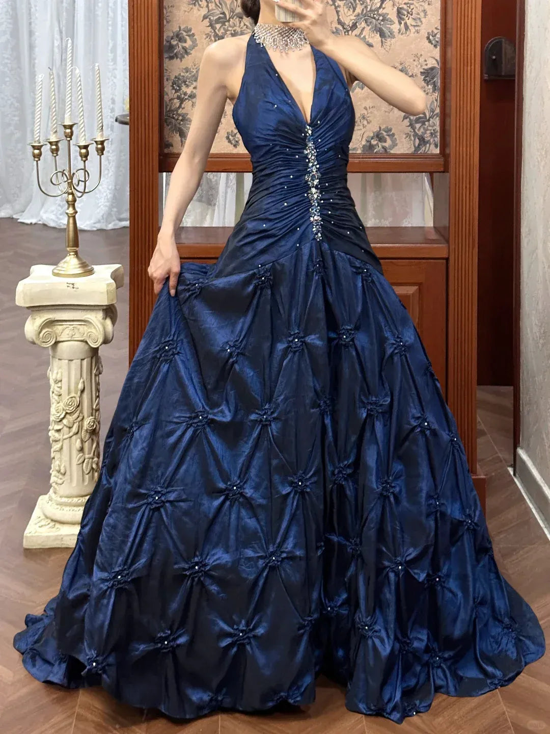 Regal A-Line Halter Beaded-Waist Navy Blue Satin Ball Gowns