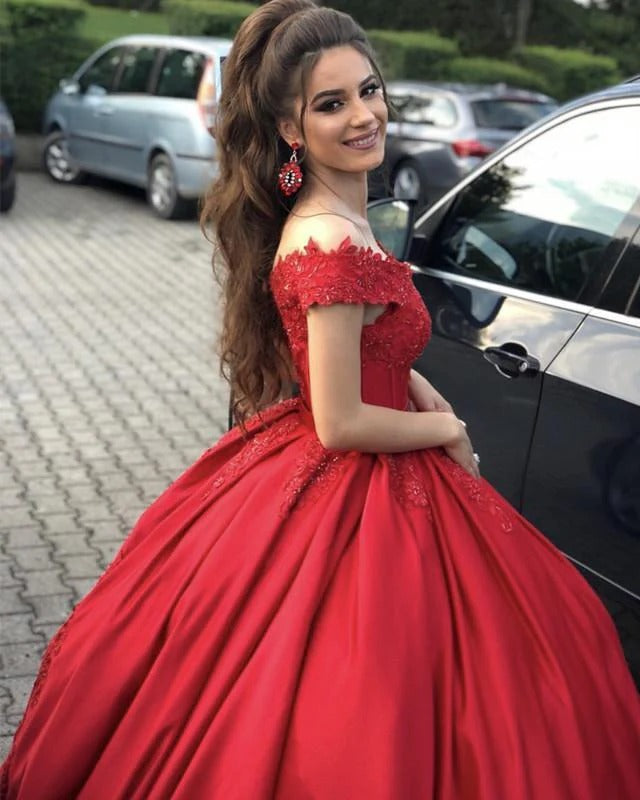 Regal Ball Gown Off-The-Shoulder Scarlet Red Satin Gown